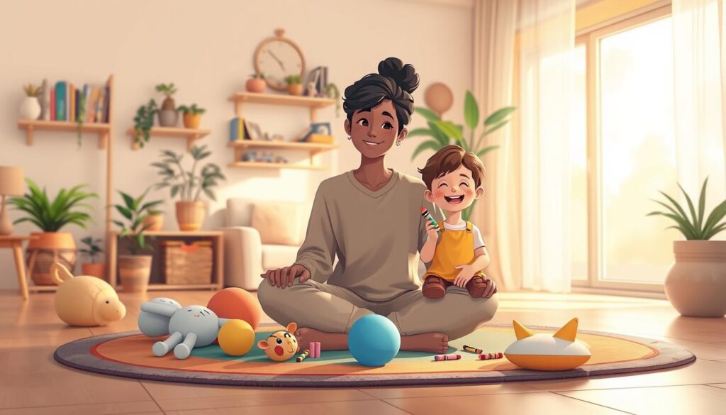 A nurturing room with warm light, soft textures and art supplies - a calm space for reflective work.